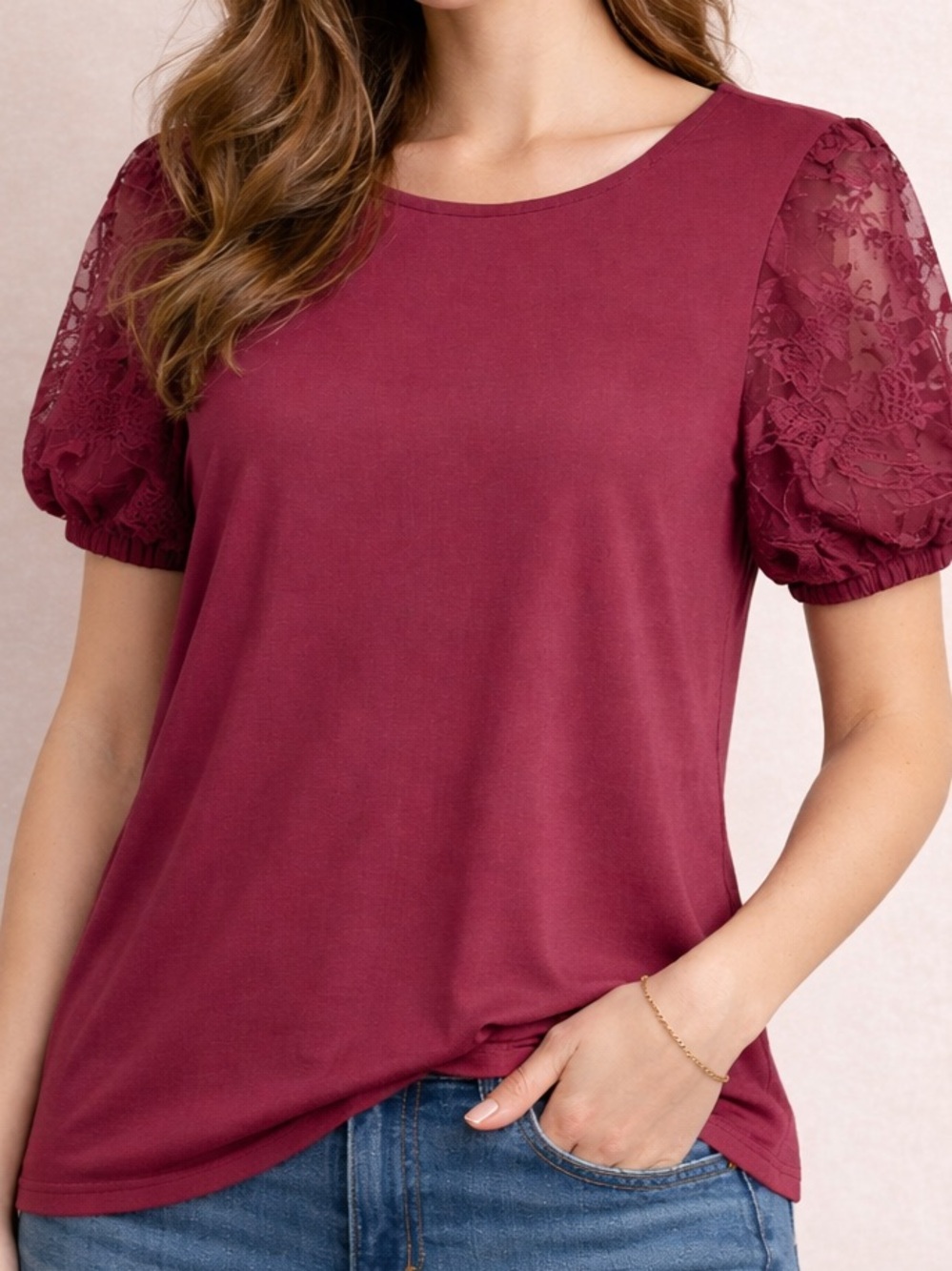 Chic Lace Sleeve Blouse in Burgundy